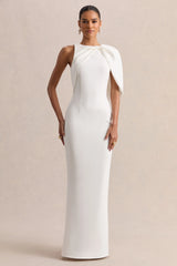 Quira | White Asymmetric-Neck Maxi Dress With Cape-Sleeve
