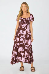 Purple Floral Midi Dress Puff Sleeve
