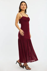Red Maxi Dress Gathered Bust Mesh