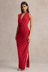 Cairo | Red Cowl-Neck Maxi Dress With Gathered Detailing