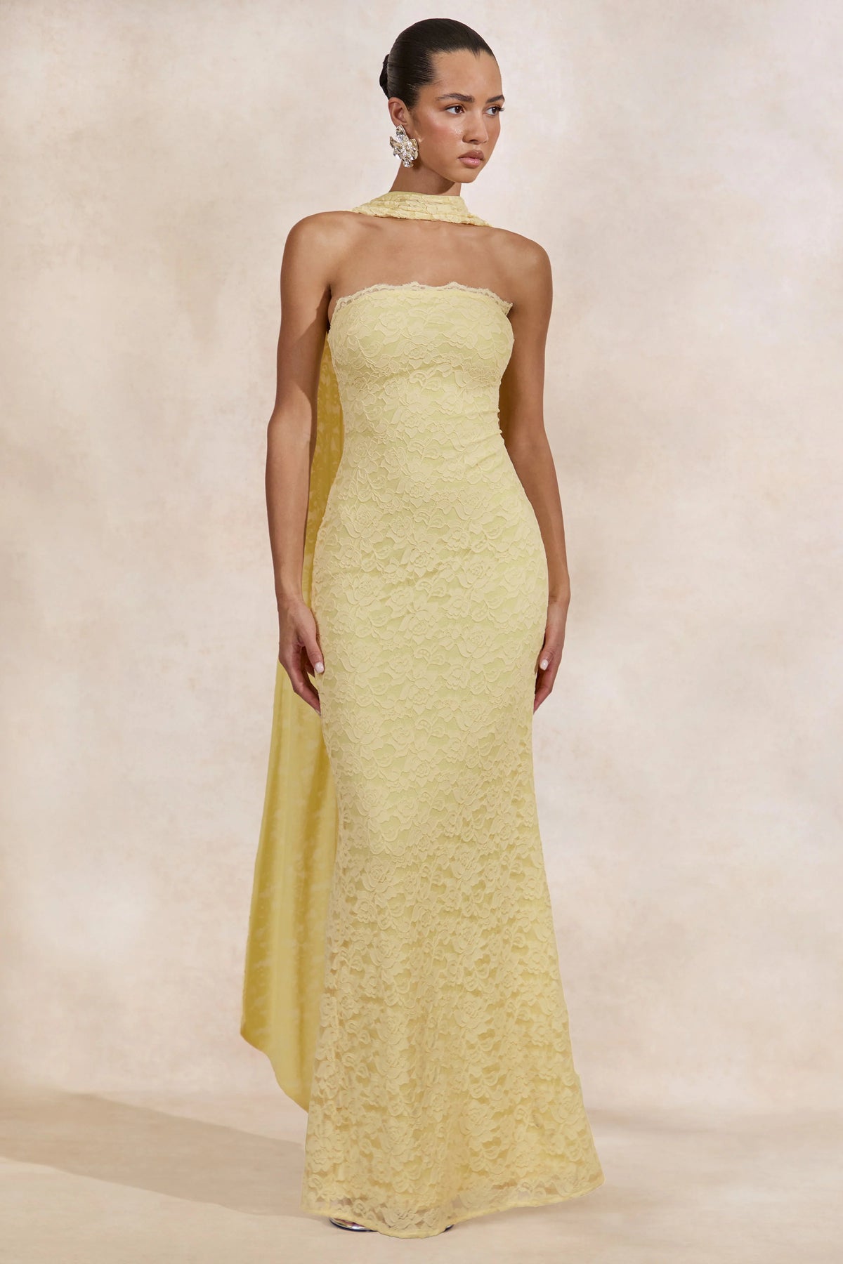 Massima | Lemon Lace Bandeau Maxi Dress With Scarf-Detail