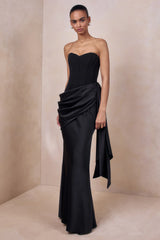 Nalira | Black Satin Bandeau Maxi Dress With Draped Skirt