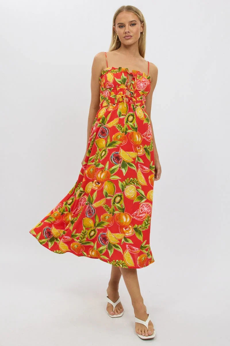 Red Abstract Midi Dress Ribbon Detail Strappy