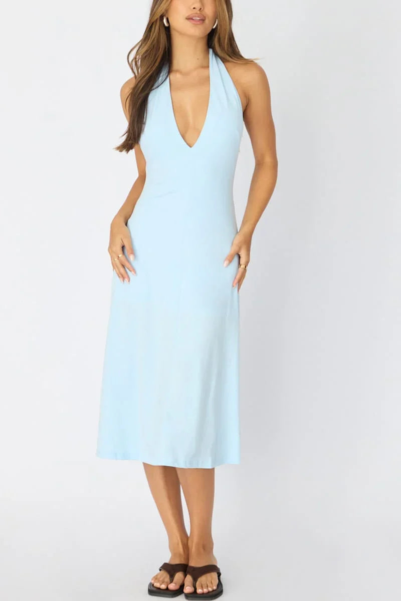 Blue Midi Dress Deep V-neck