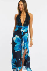 Blue Floral Midi Dress Halter Neck Mesh