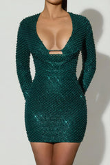 Embellished Cowl-Neck Mini Dress in Teal Green