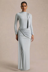 Melissa | Blue Long-Sleeve Wrap Maxi Dress With Draped Detailing