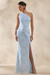 Lunia | Powder Blue Broderie Asymmetric-Neck Maxi Dress