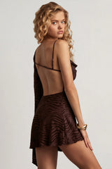 Devoré One-Sleeve A-Line Mini Dress in Dark Chocolate