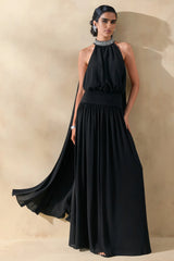 Marie | Black Halter-Neck Maxi Dress With Embellished Detailing