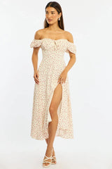 White Ditsy Midi Dress Puff Sleeve