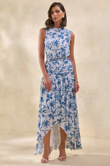 Myssara | Blue Porcelain-Print High-Neck Maxi Dress Gathered-Detailing