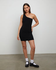 Luxe Knitted One Shoulder Mini Dress in Black