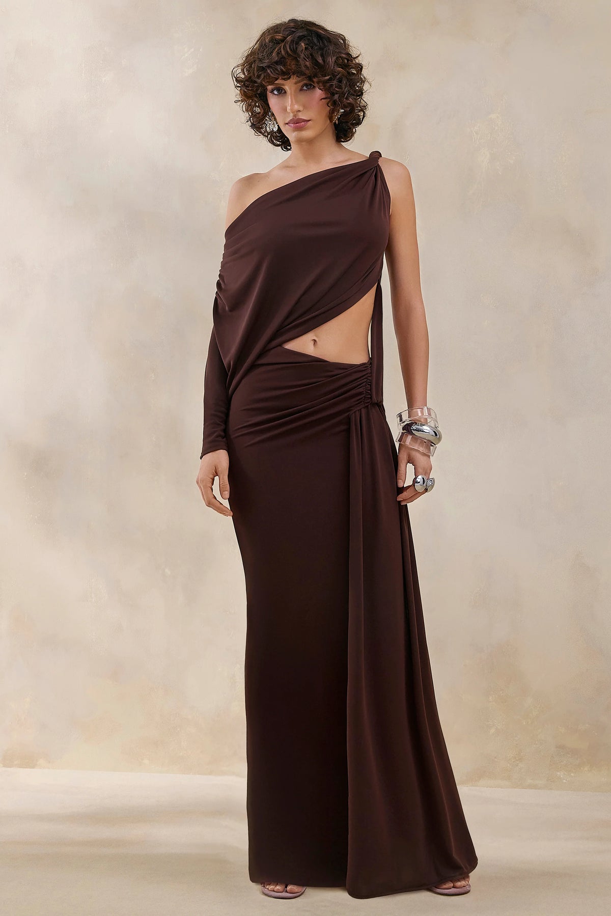Layla | Brown Asymmetric-Neck Wrap Maxi Dress With Body Cut-Out And Ruched Detailing