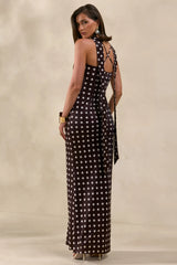 Emaria | Brown Polka-Dot Satin Cowl-Maxi Dress With Scarf