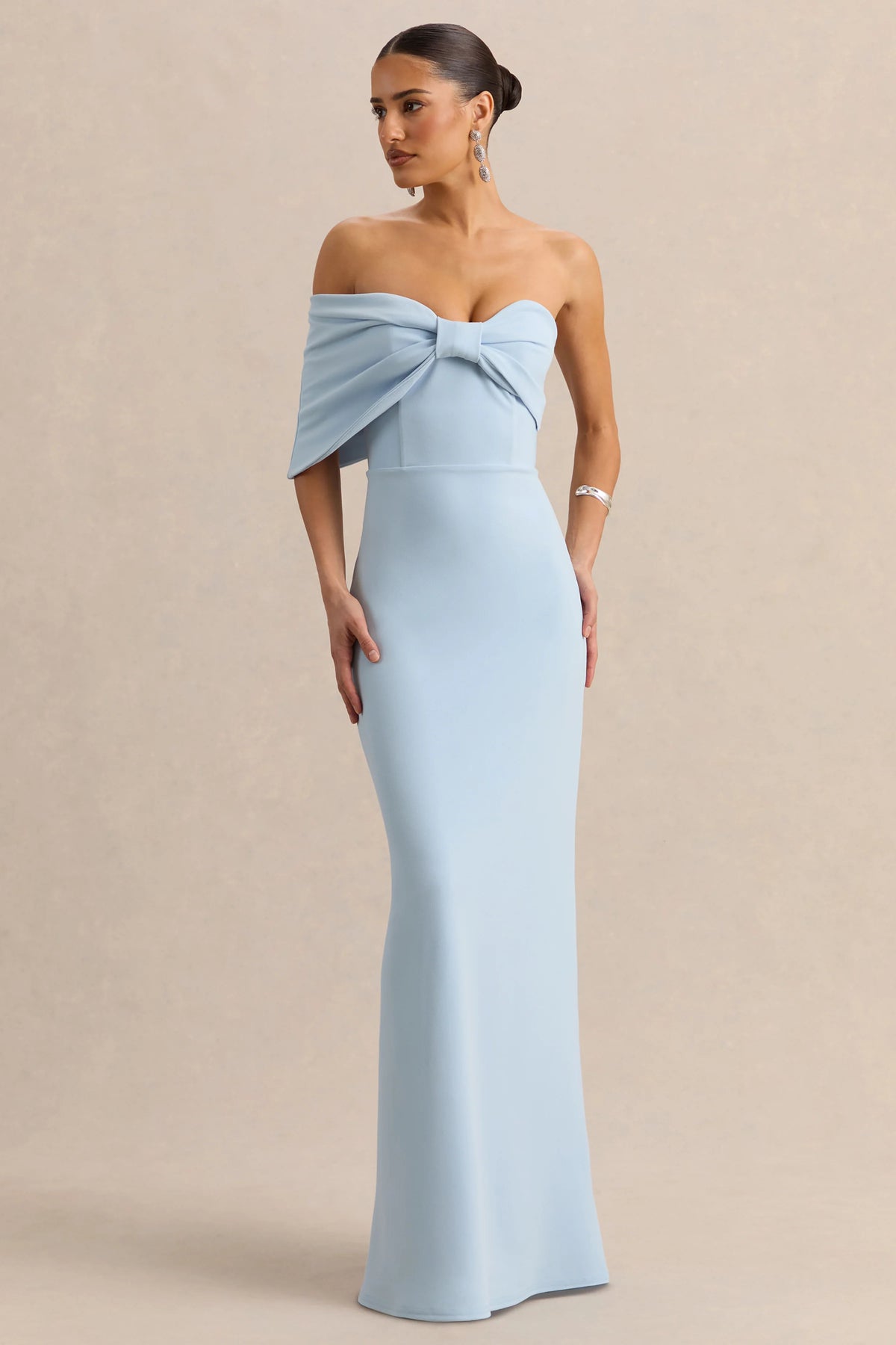 Agatha | Powder Blue Bow Bardot-Neck Maxi Dress
