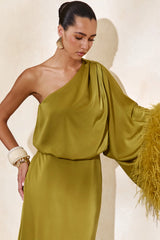 Felicity | Olive Satin Asymmetric-Neck Maxi Dress With Feather Detailing