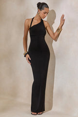 Delisse | Black Asymmetric-Neck Maxi Dress