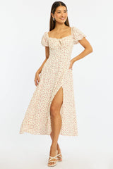 White Ditsy Midi Dress Puff Sleeve