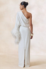 Felicity | White Satin Asymmetric-Neck Maxi Dress With Feather Detailing