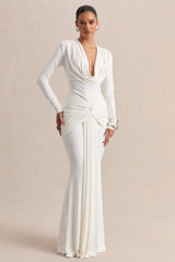 Palerma | White Draped Cowl-Neck Maxi-Dress With Gathered-Detailing