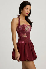 Halterneck Lace-Up Bubble Hem Mini Dress in Maroon Floral Print