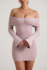 Modal-Cashmere Blend Off-Shoulder Ruched Mini Dress in Taupe