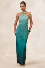 Thera | Turquoise Ombre Halter-Neck Maxi Dress With Gold Detail