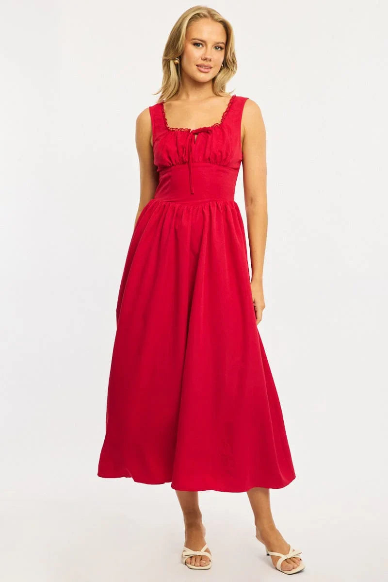 Red Midi Dress Gathering Bust