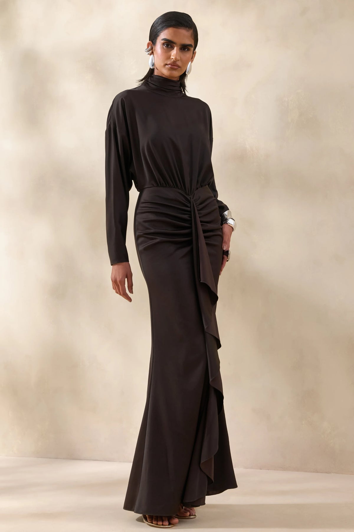 Perla | Dark Brown High-Neck Maxi Dress With Gathered-Detailing