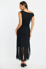Black Maxi Dress Asymmetric Shoulder Mesh