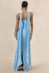 Massima | Light Blue Lace Bandeau Maxi Dress With Scarf-Detail