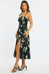 Black Floral Midi Dress Gathered Bust