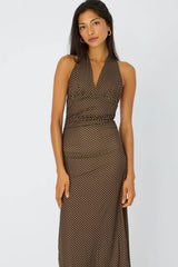 Brown Polka Dot Halter Neck Midi Dress