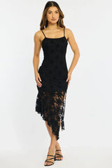 Black Midi Dress Asymmetric Hem Lace