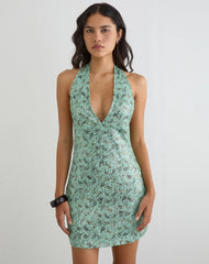 Hepasi Halter Mini Dress in Paisley Sequin Teal