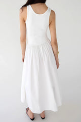 POPLIN RIB-KNIT DROP WAIST MIDI DRESS