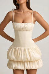 Satin Bubble Hem Corset Mini Dress in Ivory