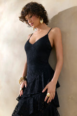 Avelisse | Black Lace Plunge-Neck Maxi Dress With Ruffled Detailing