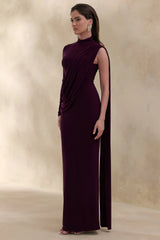 Oliria | Dark Plum High-Neck Maxi Dress With One-Long Sleeve And Sash-Detail