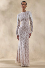 Nabina | White Lace Crew-Neck Maxi Dress With Draped Back-Detail