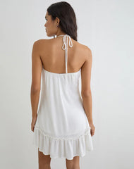 Yvelise Mini Dress in Crinkle Off White with Beads