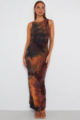 Brown Abstract Maxi Dress Sleeveless Jersey