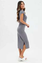 Grey Midi Dress Short Sleeve Crew Neck Bodycon Eagle