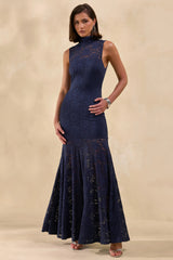 Esalyn | Navy Lace High-Neck Maxi Dress With Sheer-Skirt