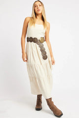 Beige Midi Dress Tiered Strappy