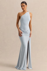 Belrose | Blue Asymmetric-Neck Maxi Dress With Gold-Detail And Front-High Split