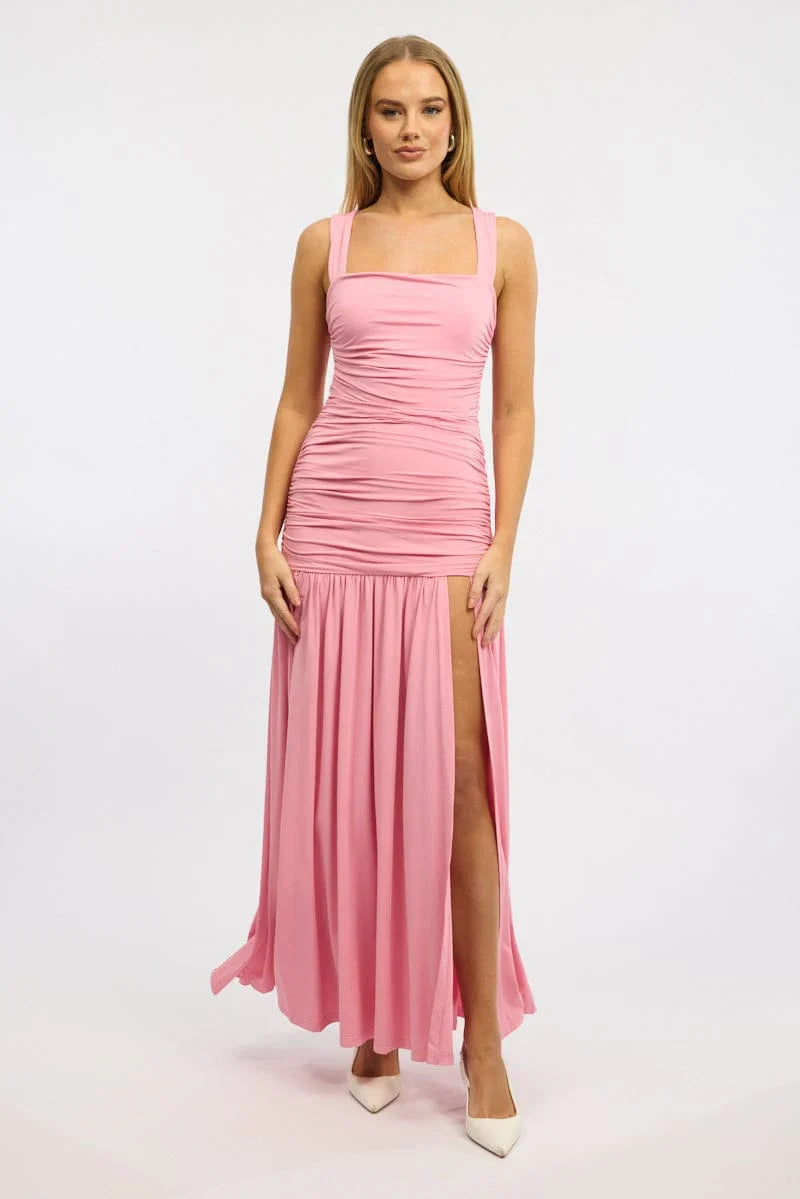Pink Maxi Dress Front Split