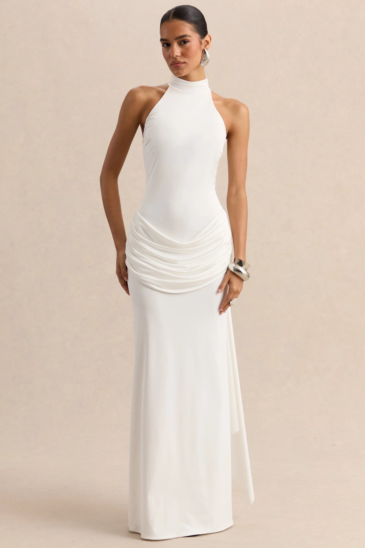 Lorintha | White High-Neck Maxi Dress With Draped-Detailing
