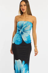 Blue Floral Strapless Maxi Dress